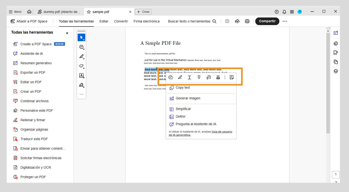 El panel del documento muestra las siguientes opciones en la barra de herramientas flotante para realizar acciones en el texto seleccionado: Añadir un comentario, Resaltar texto, Subrayar texto, Tachar texto, Censurar texto, Copiar texto y Editar un PDF.