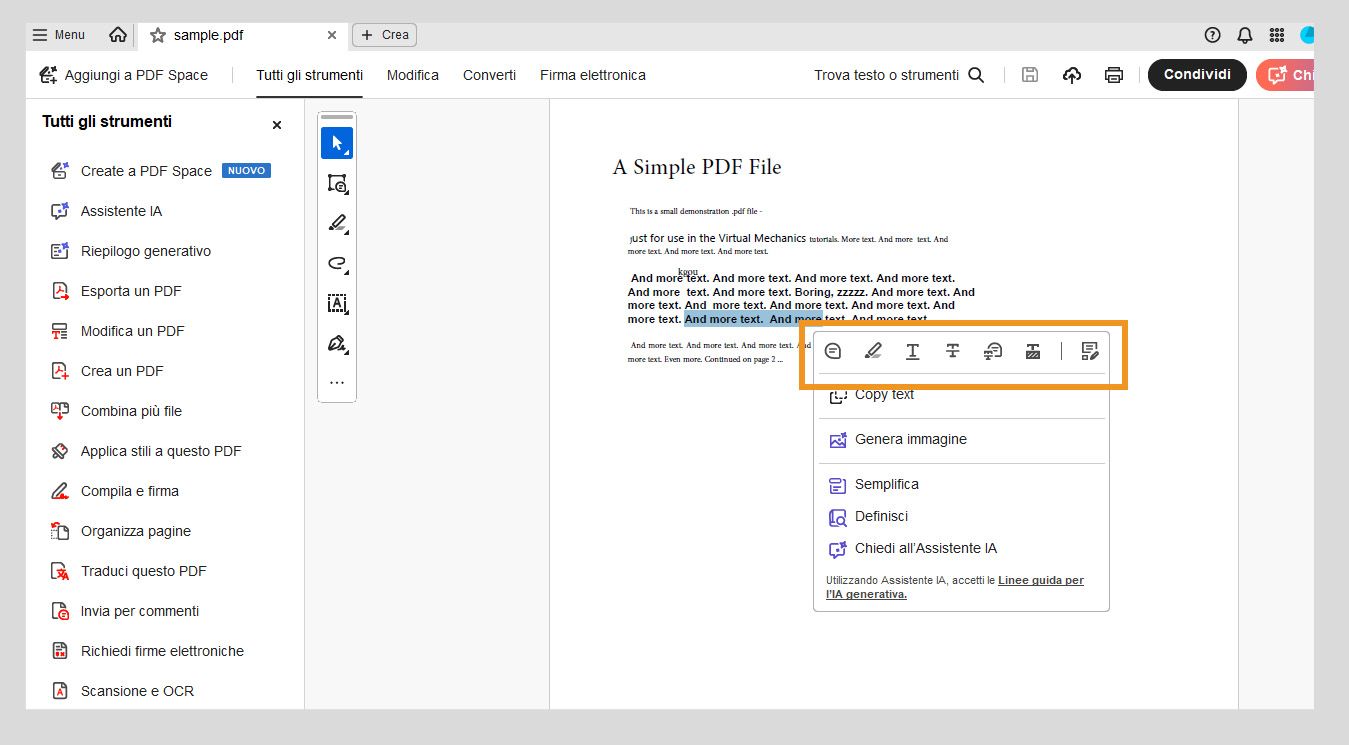 Il riquadro del documento mostra le seguenti opzioni nella barra degli strumenti mobile per eseguire azioni sul testo selezionato: Aggiungi un commento, Evidenzia testo, Sottolinea testo, Barra testo, Redigi testo, Copia testo e Modifica un PDF.