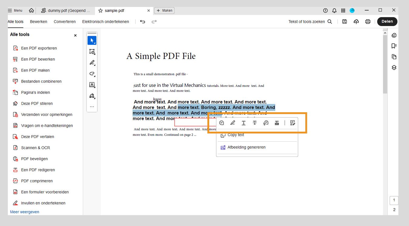 In het documentvenster worden de volgende opties in de zwevende werkbalk weergegeven om acties uit te voeren op geselecteerde tekst: een opmerking toevoegen, tekst markeren, tekst onderstrepen, tekst doorhalen, tekst redigeren, tekst kopiëren en een PDF bewerken.