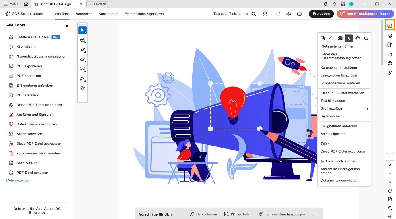 Der Dokumentenbereich zeigt ein Kontextmenü mit Optionen zum Öffnen des KI-Assistenten und der generativen Zusammenfassung sowie zum Bearbeiten, Exportieren und Freigeben der PDF-Datei. Der Navigationsbereich zeigt eine hervorgehobene Option für die generative Zusammenfassung.