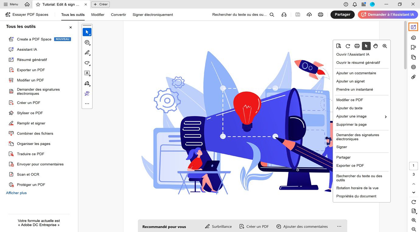Le panneau de visualisation présente un menu contextuel avec des options pour ouvrir l’Assistant IA et le résumé génératif, ainsi que pour modifier, exporter et partager le PDF. Le volet de navigation affiche une option de résumé génératif en surbrillance.
