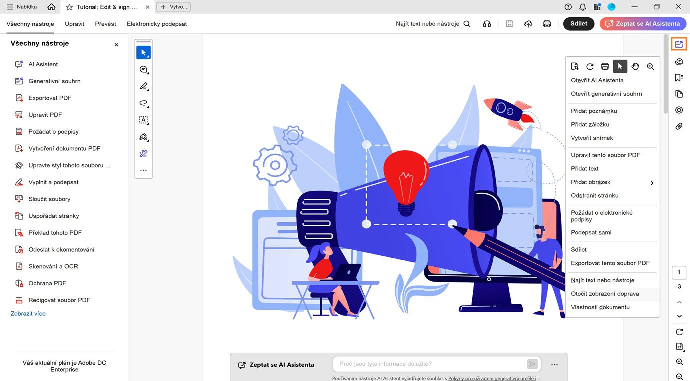 Panel dokumentu zobrazuje kontextovou nabídku s možnostmi otevřít AI Asistent a generativní souhrn, stejně jako upravit, exportovat a sdílet PDF.Navigační panel zobrazuje zvýrazněnou možnost generativního souhrnu.