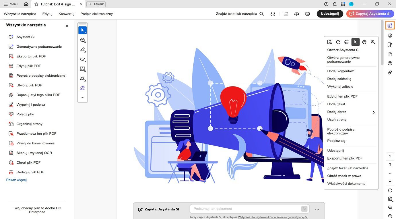 Panel dokumentu pokazuje menu kontekstowe z opcjami otwarcia Asystenta SI i podsumowania generatywnego, a także edycji, eksportu i udostępniania pliku PDF. Panel nawigacji wyświetla wyróżnioną opcję podsumowania generatywnego.