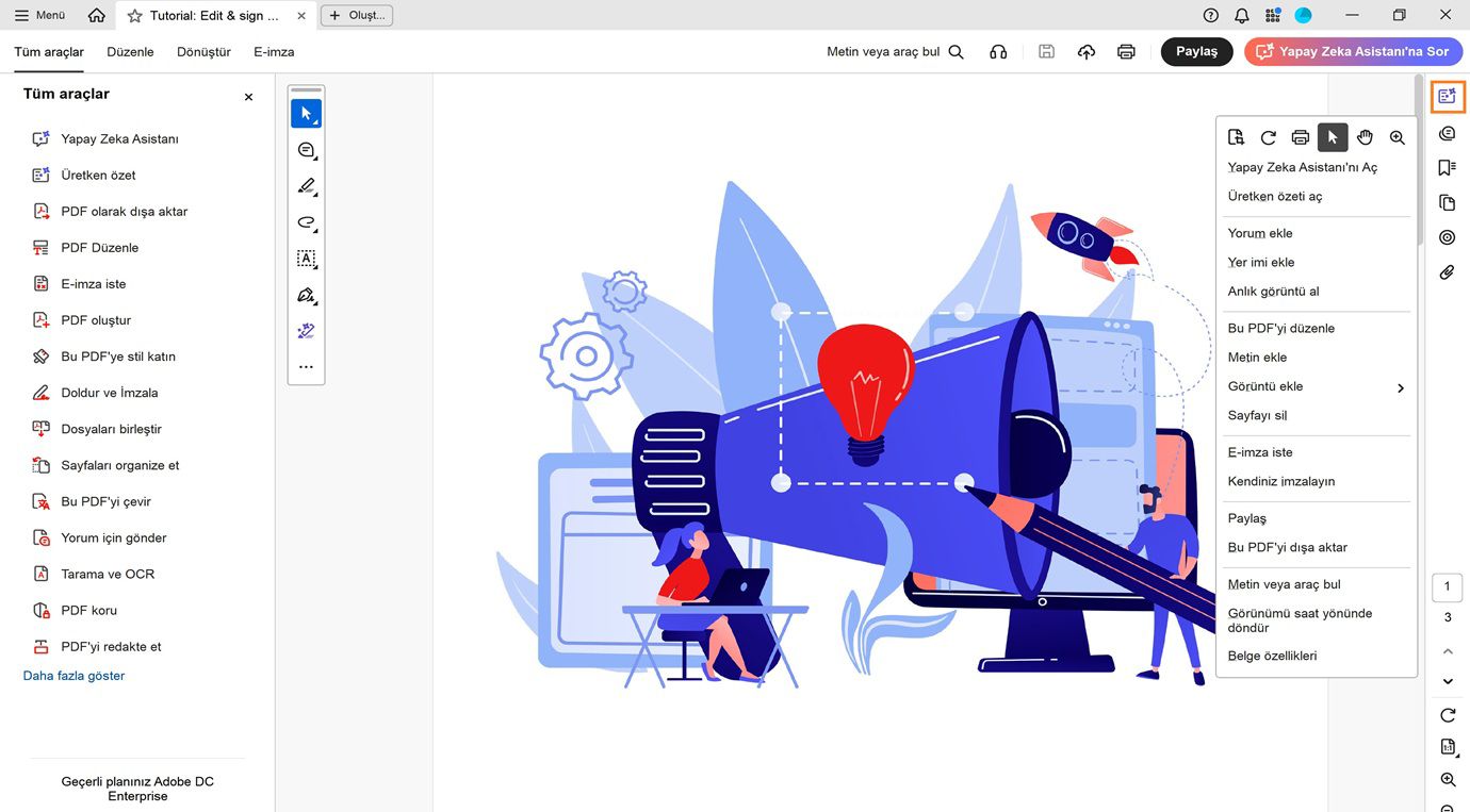 Belge bölmesi, Yapay Zeka Asistanını ve üretken özeti açma seçeneklerinin yanı sıra PDF'yi düzenleme, dışa aktarma ve paylaşma seçeneklerini de içeren bağlam menüsünü gösterir.Gezinme bölmesi, vurgulanmış üretken özet seçeneğini gösterir.