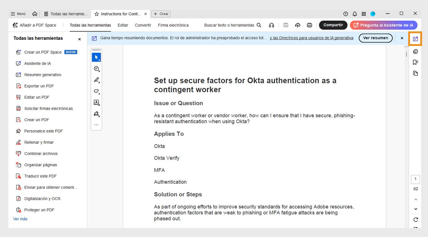 El panel de documentos muestra un menú contextual con opciones para abrir el Asistente de IA y el resumen generativo, así como para editar, exportar y compartir el PDF. El panel de navegación muestra una opción de resumen generativo resaltada.
