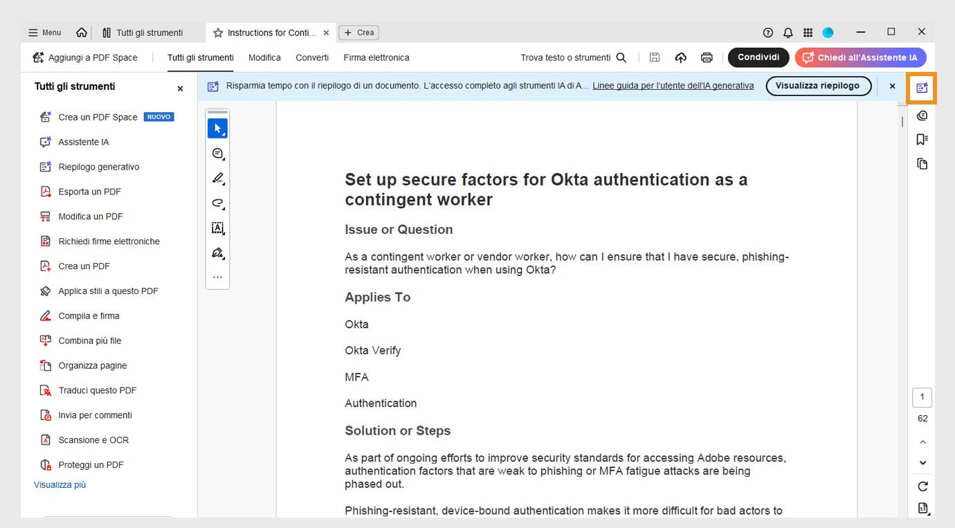 Il riquadro del documento mostra il menu contestuale con opzioni per aprire l’Assistente IA e il riepilogo generativo, nonché per modificare, esportare e condividere il PDF. Il riquadro di navigazione mostra un’opzione di riepilogo generativo evidenziata.