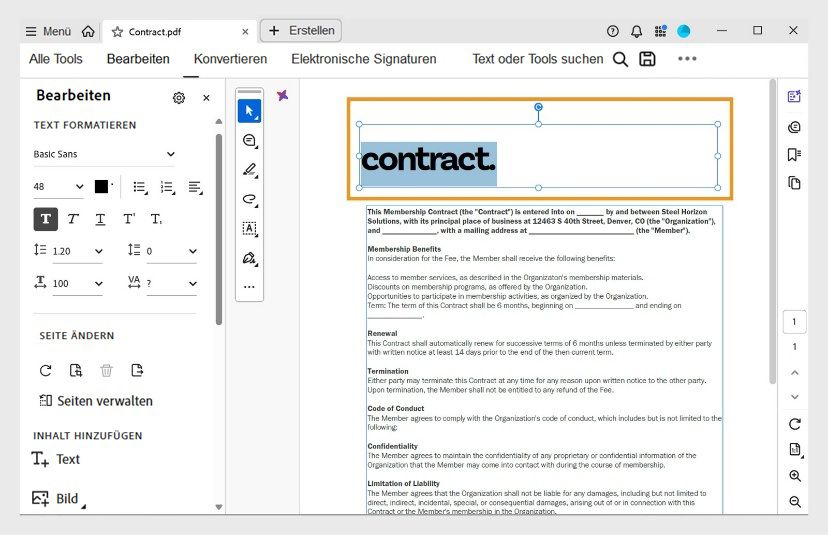 Der Dokumentbereich zeigt dem Anwender das ausgewählte Textfeld zum Bearbeiten an. Das Bedienfeld „Bearbeiten“ zeigt verschiedene Textformatierungsoptionen an.