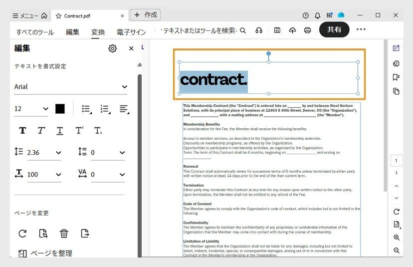 文書パネルには、ユーザーが編集するために選択したテキストボックスが表示されます。編集パネルには、さまざまなテキスト書式設定オプションが表示されます。