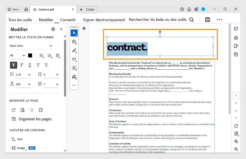 Le panneau de visualisation montre la zone de texte sélectionnée que l’utilisateur peut modifier. Le panneau Modifier affiche diverses options de mise en forme du texte.