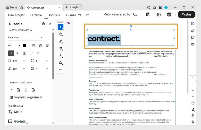 Belge bölmesi, kullanıcının düzenlemesi için seçili metin kutusunu gösterir.Düzenle paneli çeşitli metin biçimlendirme seçeneklerini gösterir.