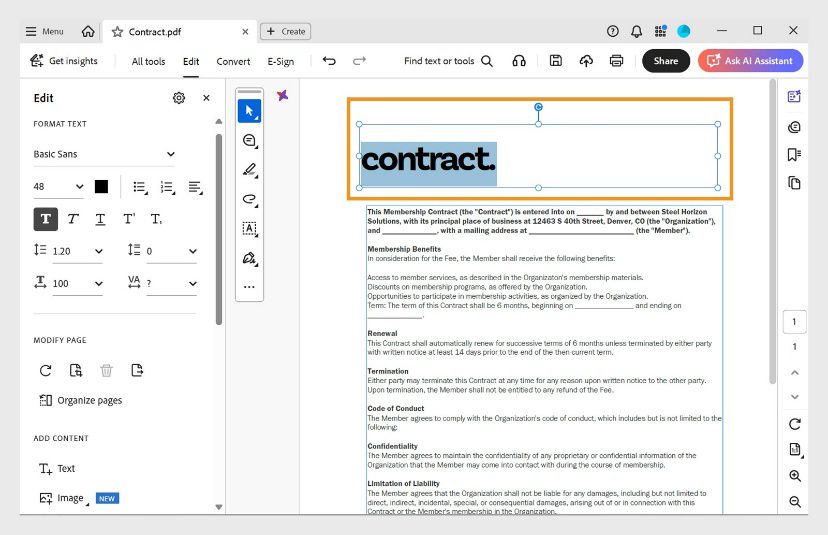 Ipinapakita ng document pane ang napiling text box para ma-edit ng user. Ipinapakita ng Edit panel ang iba't ibang opsyon sa pag-format ng text.