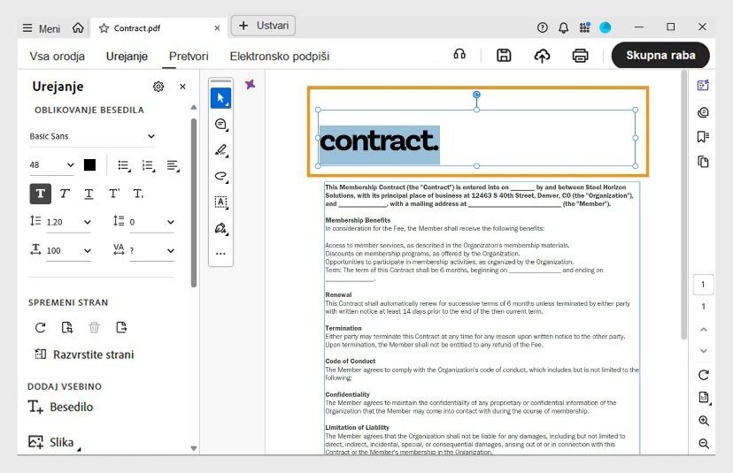 Podokno dokumenta prikazuje izbrano besedilno polje, ki ga uporabnik lahko ureja. Podokno za urejanje prikazuje različne možnosti oblikovanja besedila.