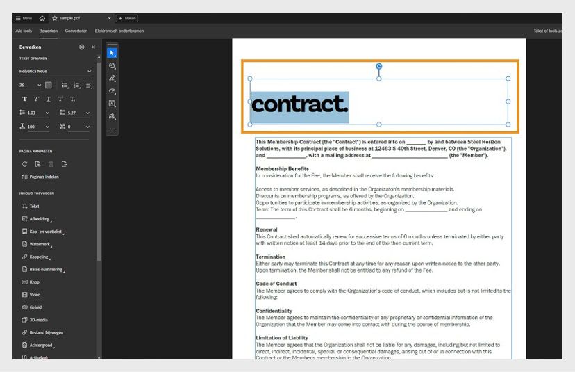 Het documentvenster toont het geselecteerde tekstvak dat de gebruiker kan bewerken. Het deelvenster Bewerken toont verschillende opties voor tekstopmaak.