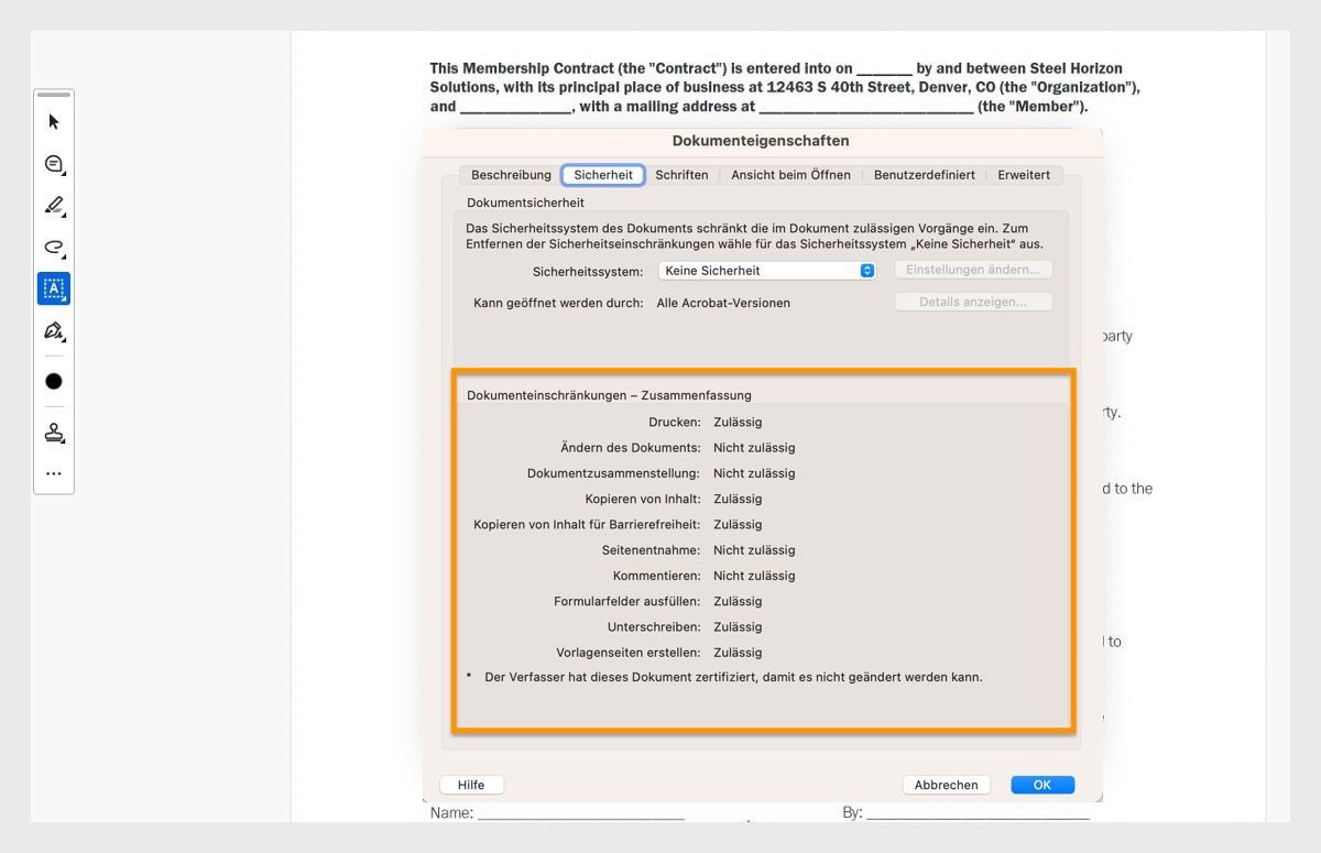 Das Dialogfeld „Dokumenteigenschaften“ wird unter der Registerkarte „Sicherheit“ geöffnet. Der Abschnitt „Zusammenfassung der Dokumentbeschränkungen&quot; ist hervorgehoben und zeigt alle Berechtigungen für die PDF-Datei an. 