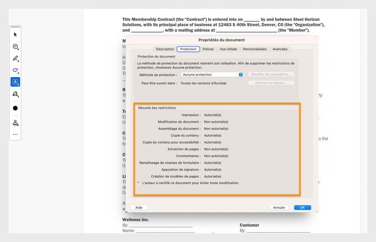 La boîte de dialogue Propriétés du document est ouverte sur l’onglet Protection. La section Résumé des restrictions est mise en évidence, montrant toutes les autorisations liées au PDF. 