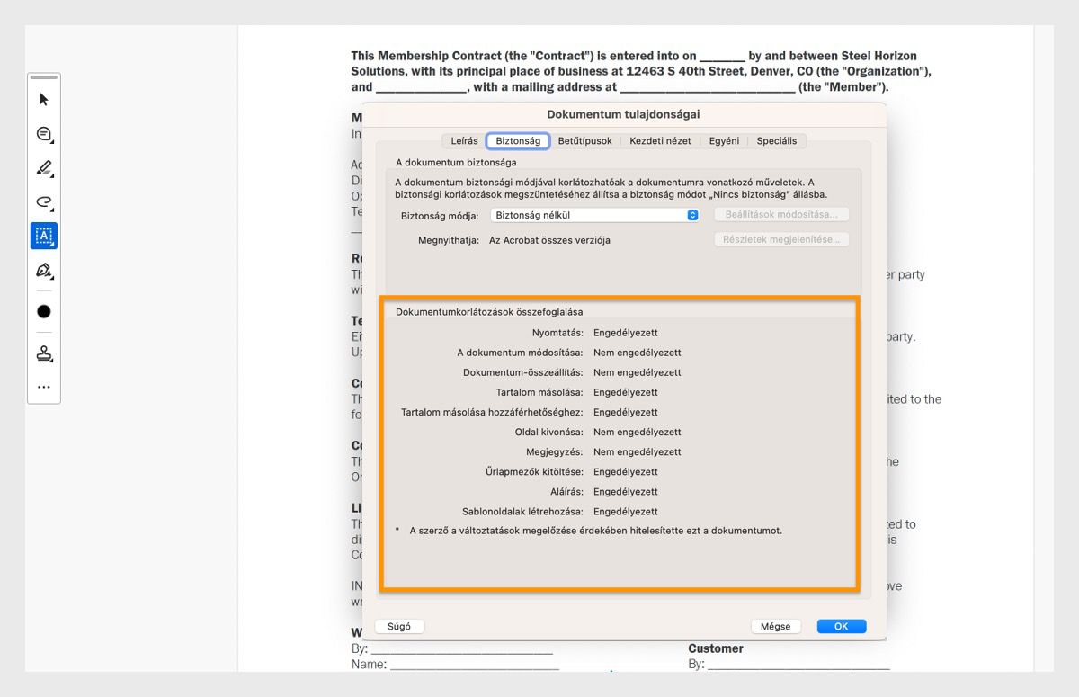 A Dokumentum tulajdonságai párbeszédpanel a Biztonság lap alatt nyílik meg.A Dokumentumkorlátozás összefoglaló szakasz ki van emelve, amely a PDF-hez kapcsolódó összes engedélyt mutatja.