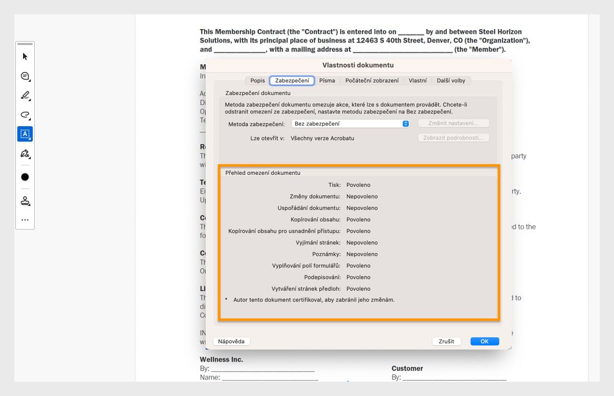 Dialogové okno vlastností dokumentu se otevře na kartě zabezpečení.Je zvýrazněna sekce Souhrn omezení dokumentu, která zobrazuje všechna oprávnění související s PDF.