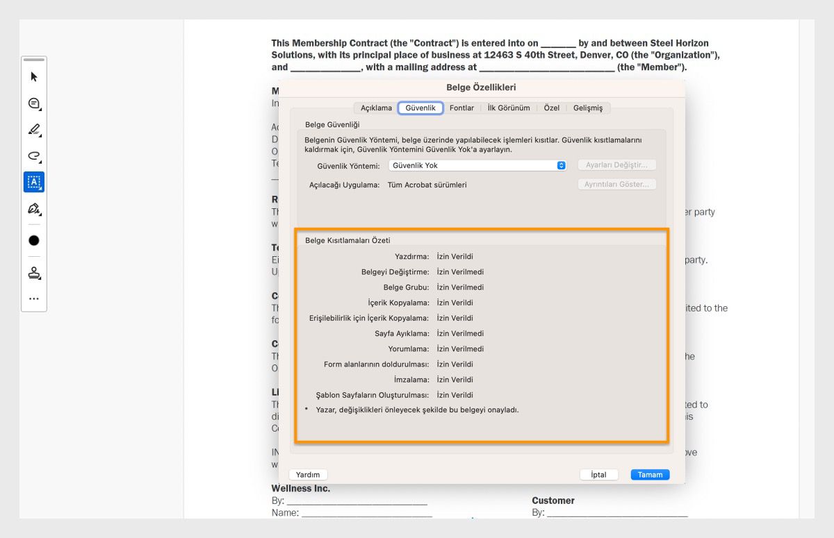 Belge özellikleri iletişim kutusu güvenlik sekmesi altında açılır.Belge Kısıtlama özeti bölümü vurgulanmıştır ve PDF ile ilgili tüm izinleri gösterir.