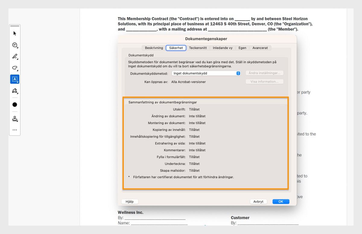 Okno dialogowe właściwości dokumentu zostaje otwarte na karcie zabezpieczeń. Podświetlona jest sekcja Podsumowanie ograniczeń dokumentu, która pokazuje wszystkie uprawnienia związane z plikami PDF. 