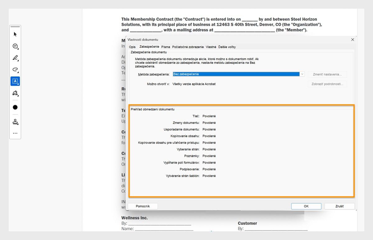 Dialógové okno vlastností dokumentu sa otvorí na karte zabezpečenia.Zvýraznená je časť Súhrn obmedzení dokumentu, ktorá zobrazuje všetky povolenia súvisiace s PDF.