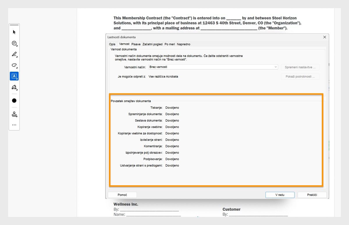 Pogovorno okno z lastnostmi dokumenta je odprto v zavihku Varnost. Označen je razdelek s povzetkom omejitev dokumenta, ki prikazuje vsa dovoljenja, povezana s PDF-jem. 