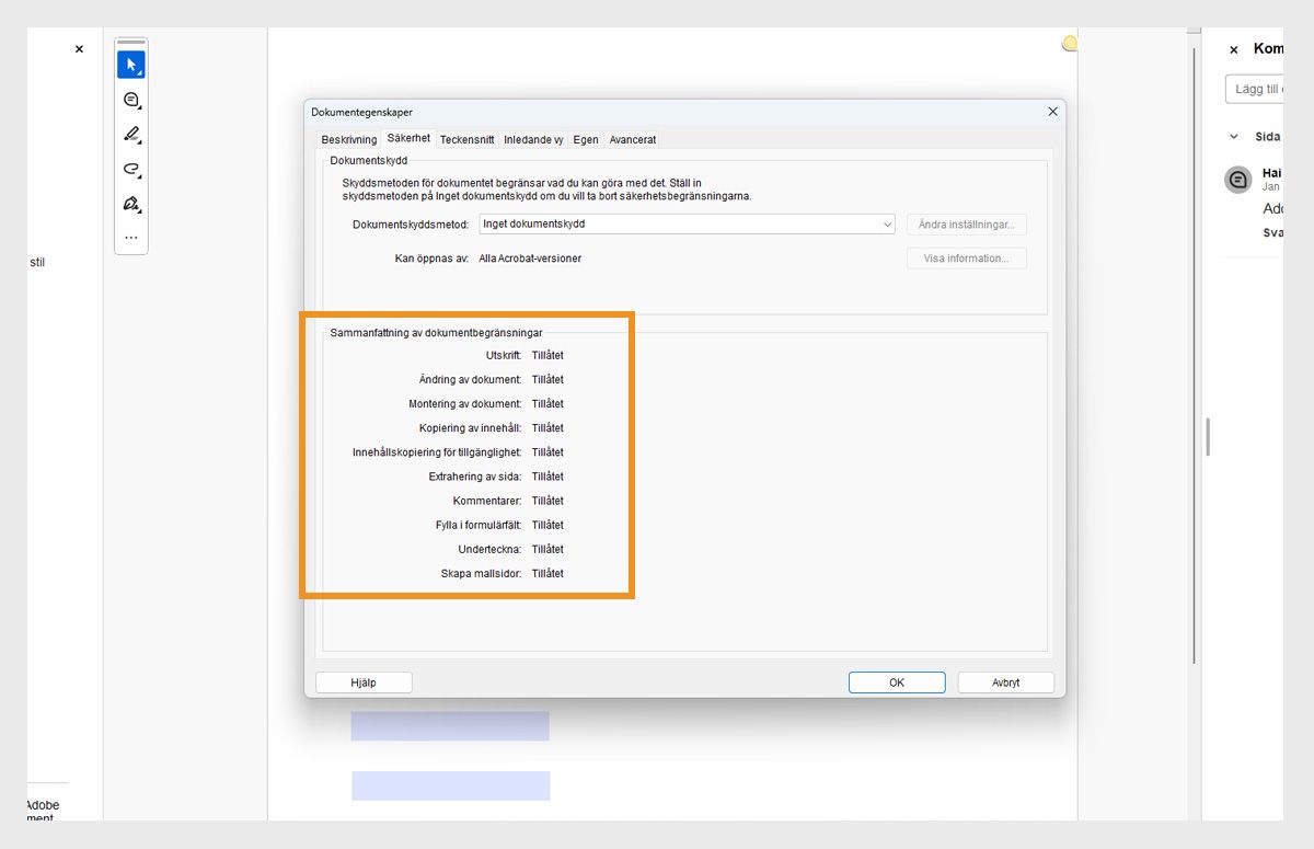 Dialogrutan för dokumentegenskaper öppnas under fliken säkerhet. Avsnittet Sammanfattning av dokumentbegränsningar är markerat, vilket visar alla behörigheter relaterade till PDF-filen. 