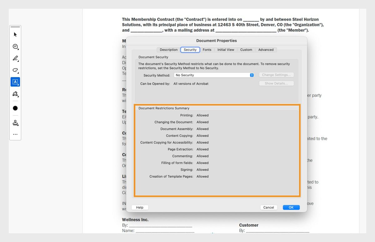 Bukas ang dialog box ng document properties sa ilalim ng tab na security. Naka-highlight ang seksyon ng Document Restriction summary, na nagpapakita ng lahat ng pahintulot na may kaugnayan sa PDF. 