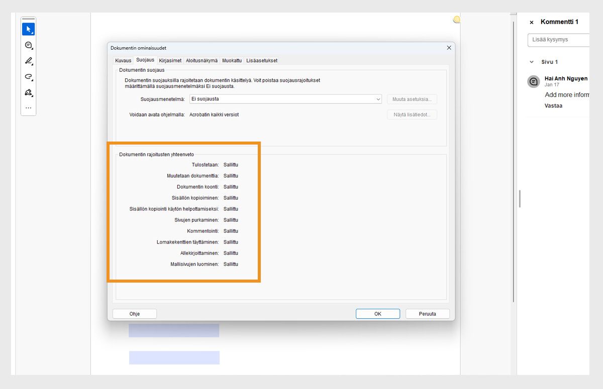 Dokumentin ominaisuudet -valintaikkuna avataan Suojaus-välilehdessä. Asiakirjan rajoitusten yhteenveto -osio on korostettu, ja siinä näkyvät kaikki PDF:ään liittyvät käyttöoikeudet. 