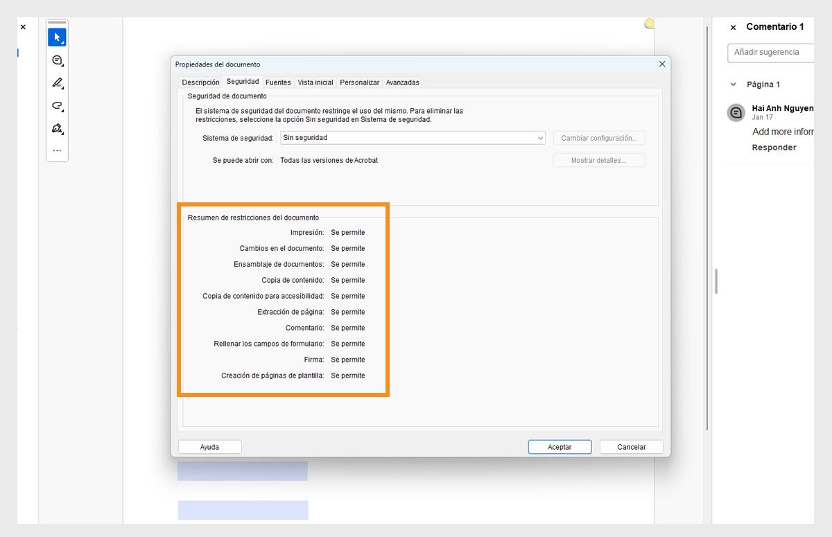 Se abre el cuadro de diálogo de propiedades del documento en la pestaña de seguridad. Se resalta la sección Resumen de restricciones del documento, que muestra todos los permisos relacionados con el PDF. 