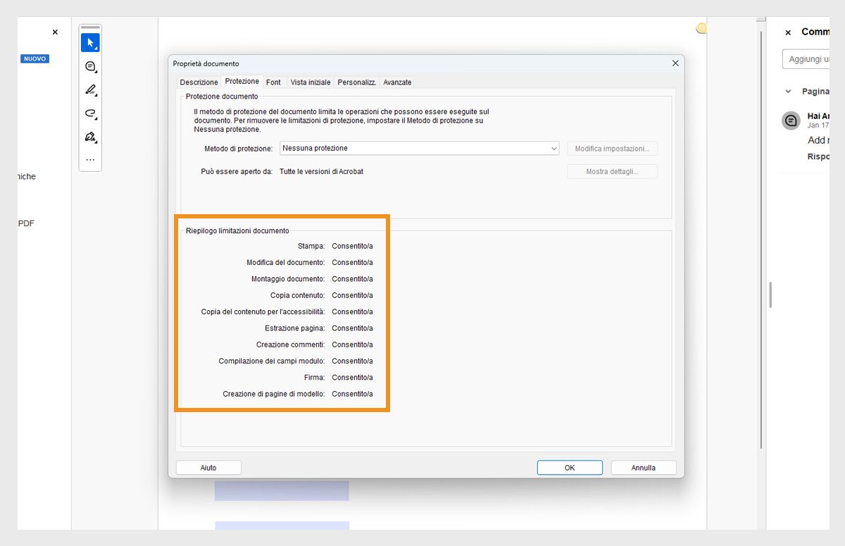La finestra di dialogo delle proprietà del documento viene aperta nella scheda Protezione. La sezione Riepilogo restrizioni documento è evidenziata e mostra tutte le autorizzazioni relative al PDF. 