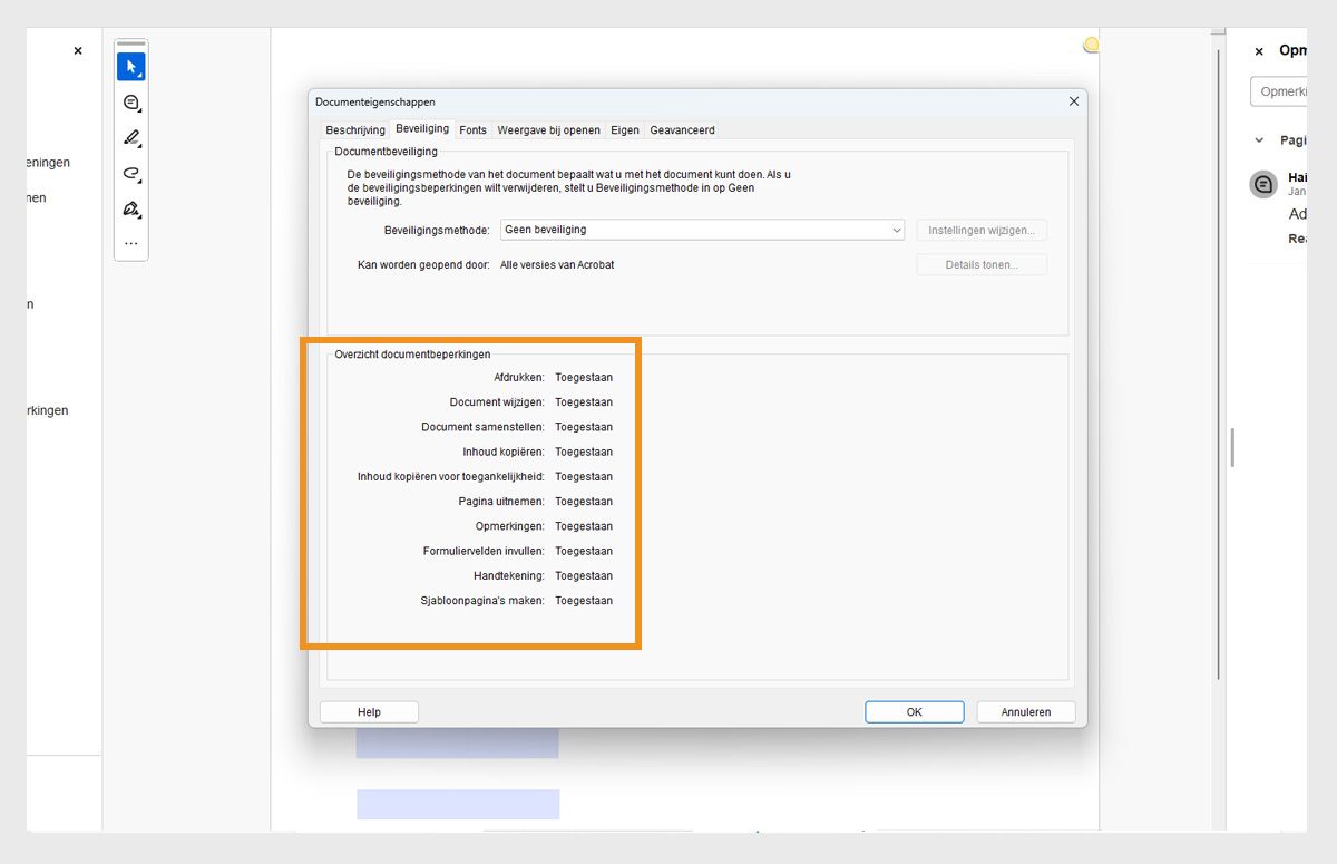 Het dialoogvenster met documenteigenschappen is geopend op het tabblad Beveiliging. De sectie Overzicht van documentbeperkingen is gemarkeerd, waarin alle machtigingen met betrekking tot de PDF worden weergegeven. 