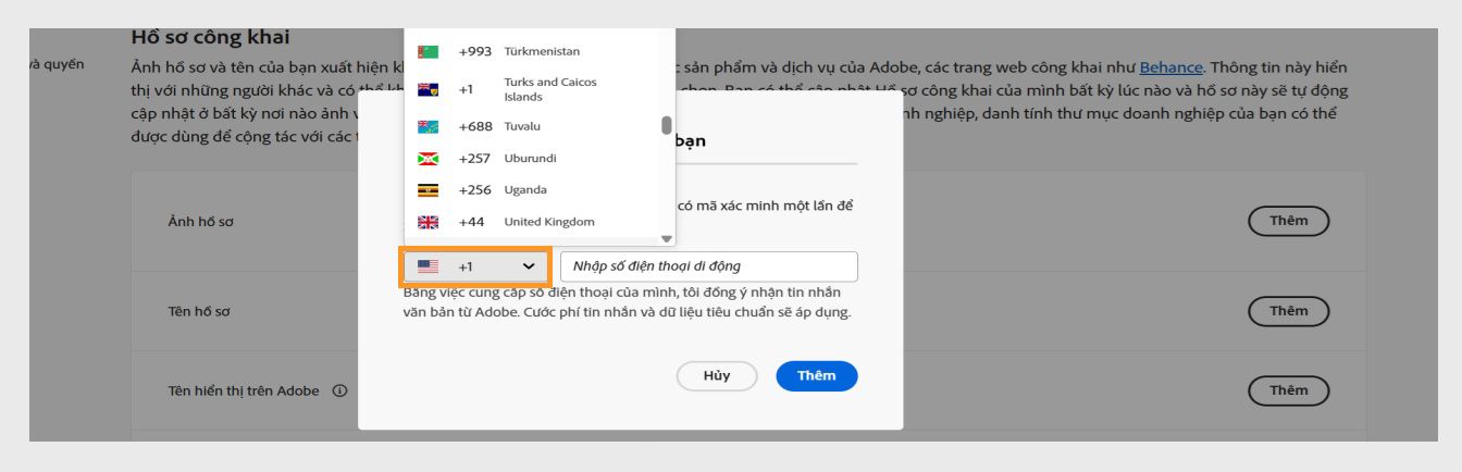 Menu thả xuống, có sẵn khi bạn chọn biểu tượng mũi tên hướng xuống trong cửa sổ để nhập số điện thoại, cho phép bạn chọn quốc gia. 