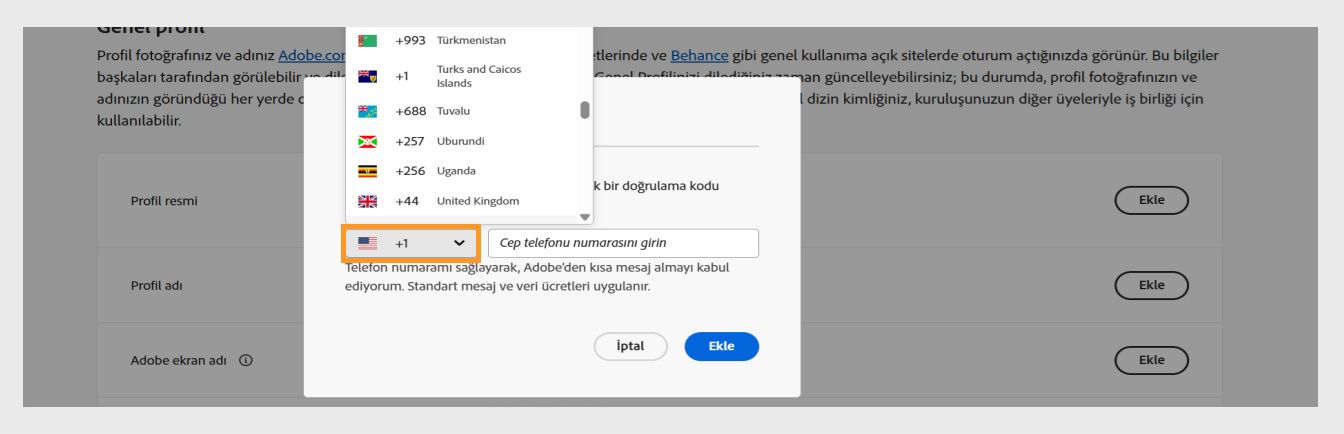 Telefon numarası girme penceresinde aşağı ok simgesini seçtiğinizde mevcut olan açılır menü, ülkenizi seçmenizi sağlar. 