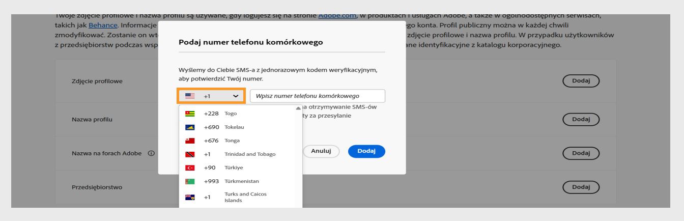 Menu rozwijane, dostępne po wybraniu ikony strzałki w dół w oknie wprowadzania numeru telefonu, umożliwia wybranie kraju.