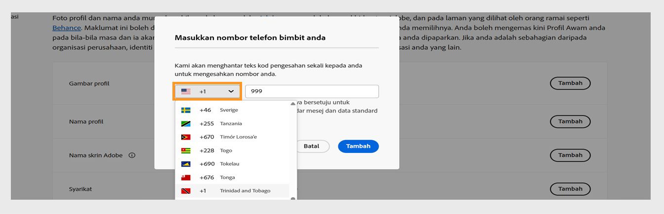 Menu lungsur, tersedia apabila anda memilih ikon anak panah ke bawah dalam tetingkap untuk memasukkan nombor telefon, membolehkan anda memilih negara anda. 