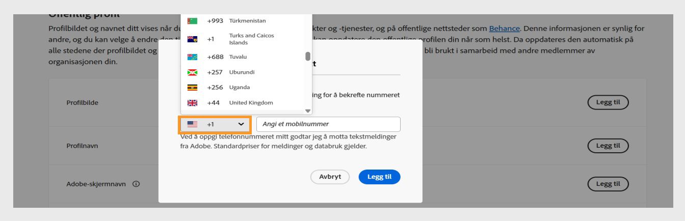 Rullegardinmenyen, som er tilgjengelig når du velger pil ned-ikonet i vinduet for å skrive inn et telefonnummer, lar deg velge landet ditt.