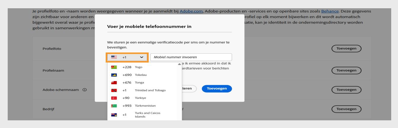 Het vervolgkeuzemenu, beschikbaar wanneer je het pijl-omlaag-pictogram selecteert in het venster om een telefoonnummer in te voeren, stelt je in staat je land te selecteren.