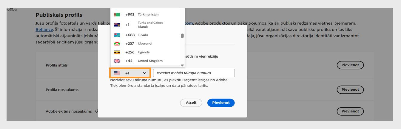 Nolaižamā izvēlne, kas pieejama, kad atlasāt lejupvērstās bultiņas ikonu logā tālruņa numura ievadīšanai, ļauj atlasīt savu valsti.