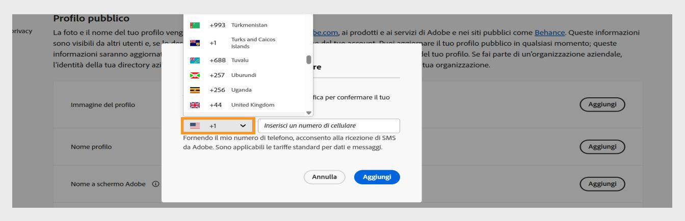 Il menu a discesa, disponibile quando selezioni l'icona della freccia verso il basso nella finestra per immettere un numero di telefono, ti consente di selezionare il tuo paese. 