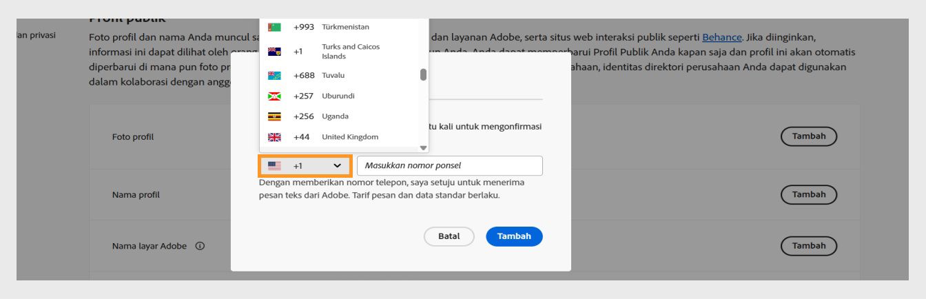 Menu tarik-turun, tersedia saat Anda memilih ikon panah ke bawah di jendela untuk memasukkan nomor telepon, memungkinkan Anda memilih negara Anda.