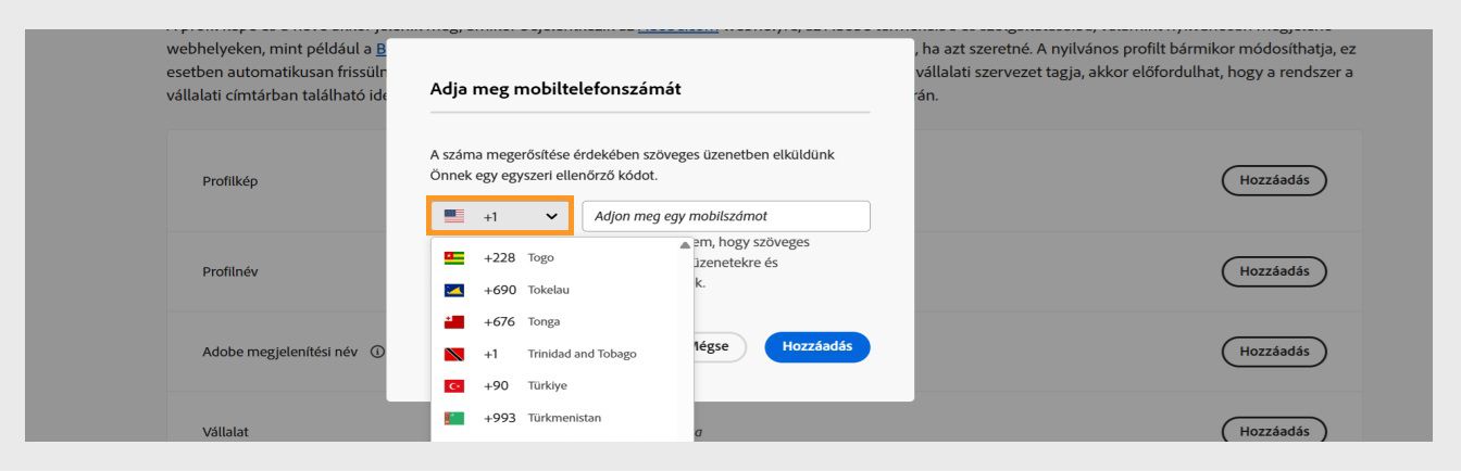 A legördülő menü, amely akkor érhető el, amikor kiválasztja a lefelé mutató nyíl ikont a telefonszám megadására szolgáló ablakban, lehetővé teszi országának kiválasztását.
