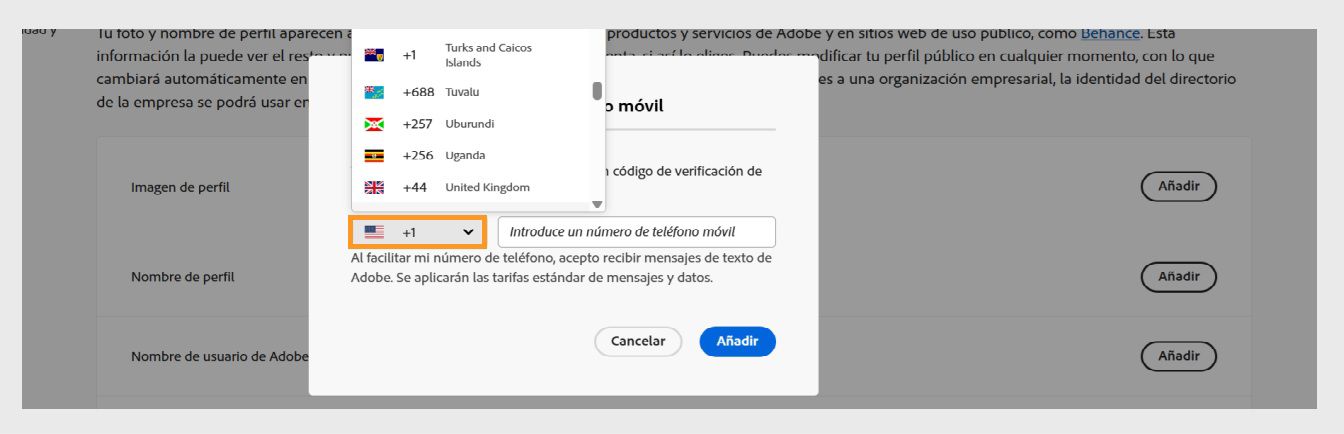 El menú desplegable, disponible cuando selecciona el icono de flecha hacia abajo en la ventana para introducir un número de teléfono, le permite seleccionar su país. 
