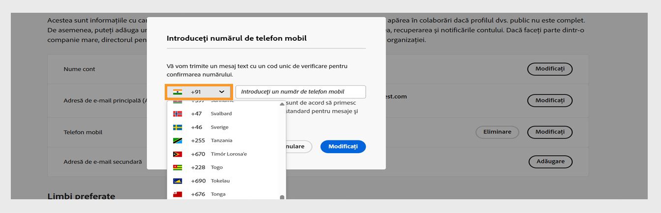 Meniul derulant, disponibil când selectați pictograma săgeată în jos din fereastra pentru introducerea unui număr de telefon, vă permite să vă selectați țara. 