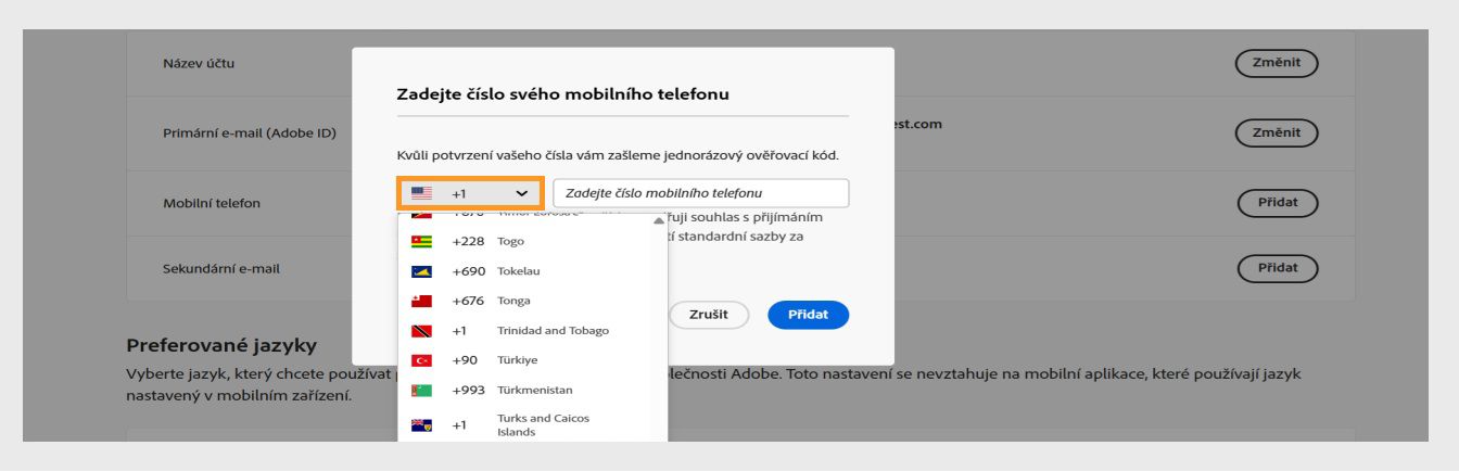 Rozbalovací nabídka, dostupná po výběru ikony šipky dolů v okně pro zadání telefonního čísla, vám umožní vybrat svou zemi. 
