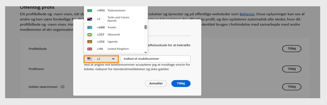 Rullemenuen, der er tilgængelig, når du vælger pil ned-ikonet i vinduet til at indtaste et telefonnummer, giver dig mulighed for at vælge dit land.