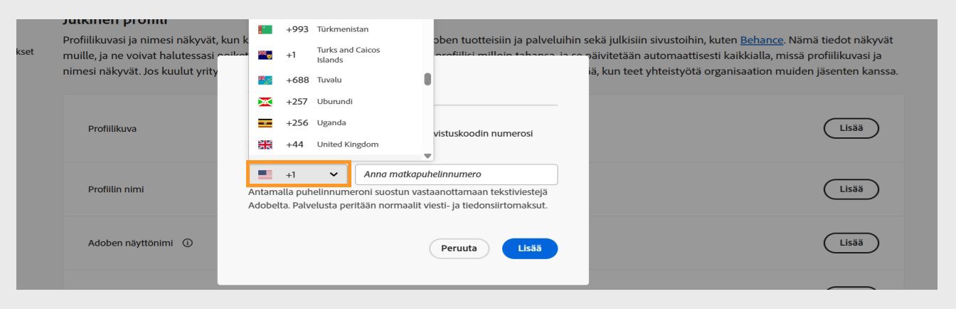 Avattava valikko, joka tulee näkyviin, kun napsautat alanuolikuvaketta puhelinnumeron syöttöikkunassa, mahdollistaa maan valitsemisen. 