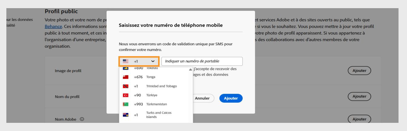 Le menu déroulant, disponible lorsque vous sélectionnez l’icône de flèche vers le bas dans la fenêtre pour saisir un numéro de téléphone, vous permet de sélectionner votre pays. 
