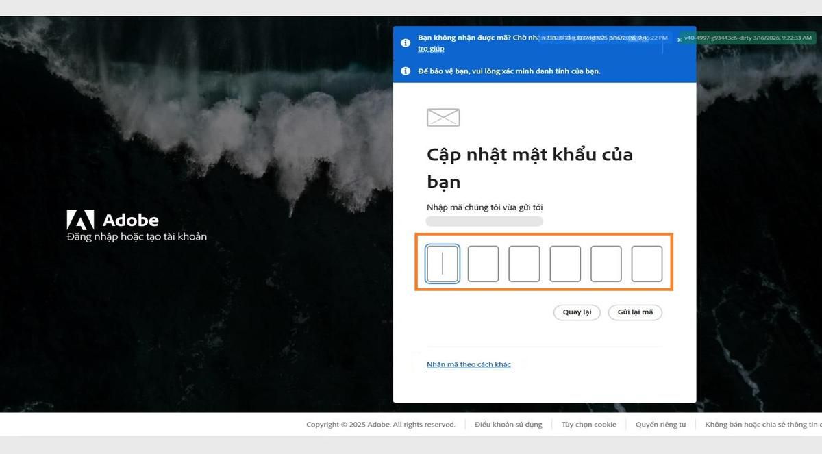 Trường nhập mã xác minh trong cửa sổ Xác minh danh tính của bạn trên trang đăng nhập cho phép bạn nhập mã và xác minh danh tính của mình.