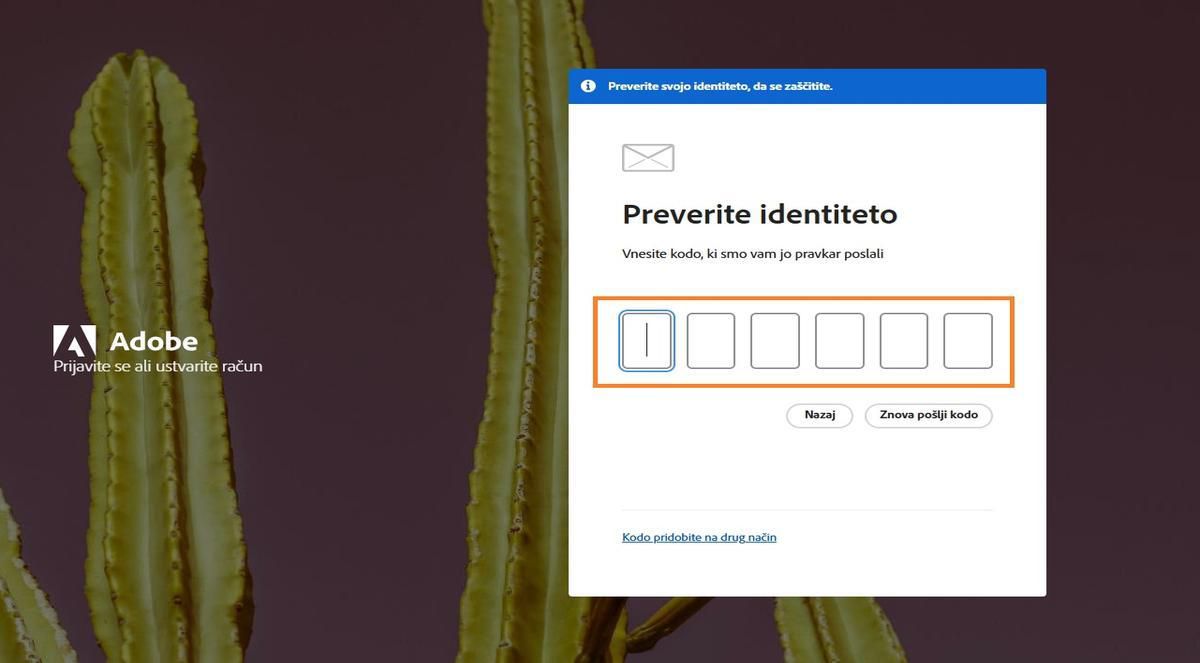 Polje za vnos kode za preverjanje v oknu Preverite svojo identiteto na strani za prijavo omogoča vnos kode in preverjanje identitete.