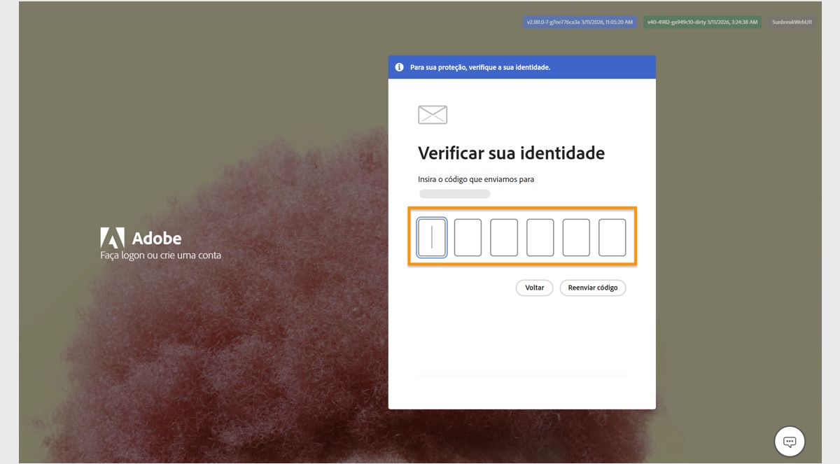 O campo para inserir um código de verificação, disponível na janela Verificar sua identidade na página de logon, permite inserir seu código e verificar sua identidade.